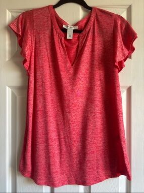 White House Black Market Outlet Heathered Coral-Pink V-Neck Flutter Sleeve Top